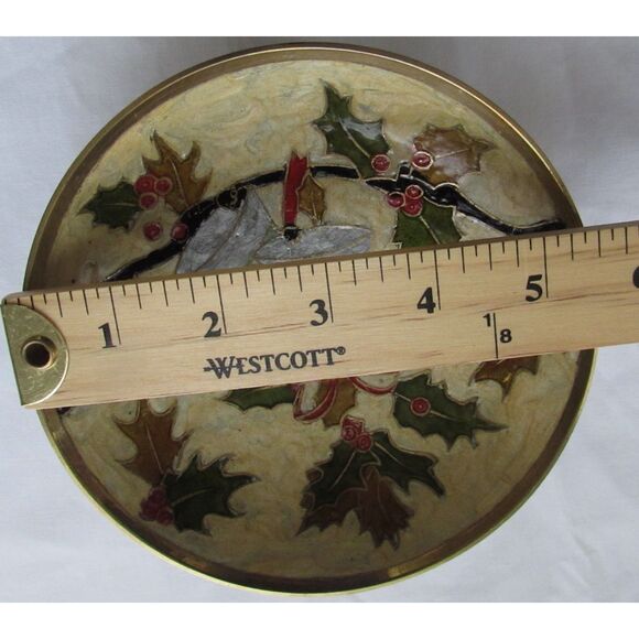 Brass cloisonne brass candy dish bowl Christmas dish jingle bells holly India - Picture 4 of 8